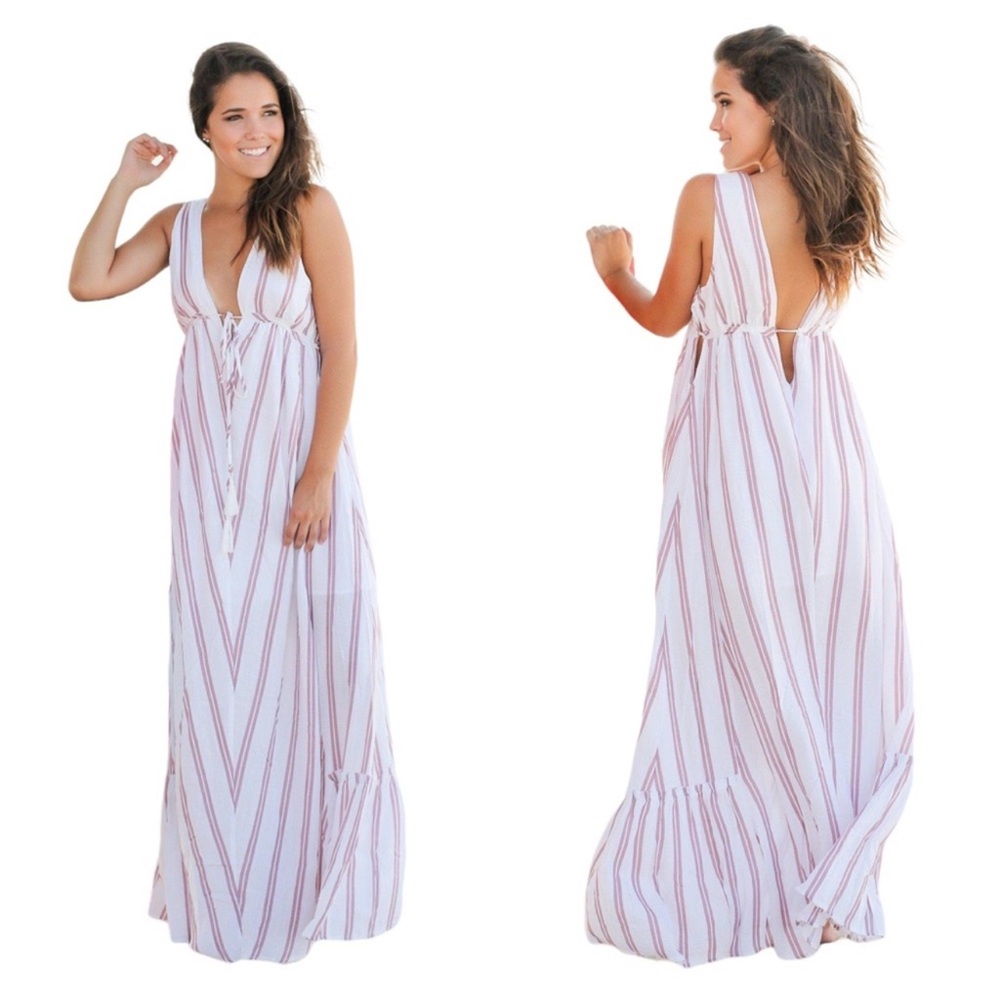 Hommage LA Dusty Rose & White Striped Maxi Dress with Cutout details Deep V-L